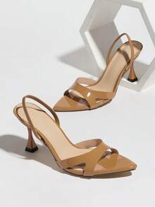 Giày sandal cao gót mũi nhọn quyến rũ, gợi cảm dành cho nữ, có quai ngang mắt cá chân, bề mặt bóng gương sang trọng, phù hợp cho tiệc tùng, các hoạt động ngoài trời, màu be, trang phục mùa xuân hè. - Lạc đà - Xem 6