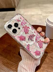 1pc Pink Sea Turtle Magnetic Wireless Charging Transparent Anti-Drop Phone Case, Soft+Hard Material, Suitable As Festival Gift Compatible With IPhone 14/15/16 Pro/Pro Max/Plus, Anti-Fingerprint & Scratch, Clear Glossy Waterproof Shockproof Scratch Resistant