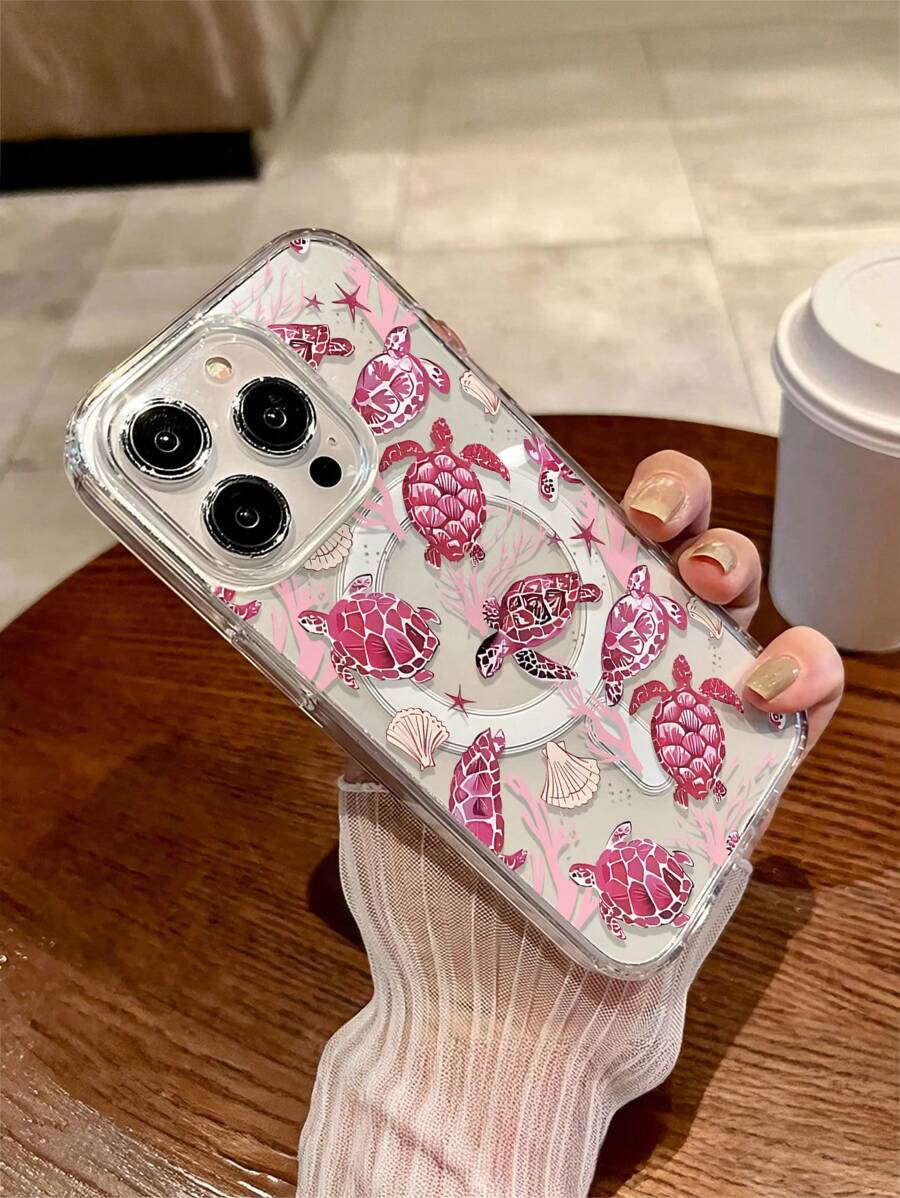 1pc Pink Sea Turtle Magnetic Wireless Charging Transparent Anti-Drop Phone Case, Soft+Hard Material, Suitable As Festival Gift Compatible With IPhone 14/15/16 Pro/Pro Max/Plus, Anti-Fingerprint & Scratch, Clear Glossy Waterproof Shockproof Scratch Resistant
