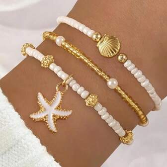 Set van 3 kralenarmbanden in boho-stijl, zomerse armbanden met zeesterren en schelpen als hanger, charmante dagelijkse sieraden voor vrouwen, feest-, vakantie- en strandsieraden