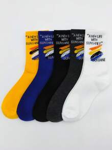 5 Pairs Men's Sports Socks, Korean Style Striped & Letter Print Street Couple Mid-Calf Long Socks