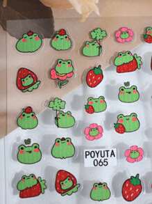 1pc Cute Cartoon Frog Nail Art Stickers, Self-Adhesive Plastic Nail Decals With Frog, Leaves, Strawberry, Flower Designs, Glossy Surface, Asymmetrical Shapes, Disposable DIY Nail Salon Supplies For Women