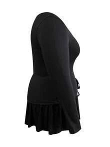 LovelyWholesale Top de manga larga anudado y minifalda con forro interior para mujer talla grande, ideal para primavera y verano