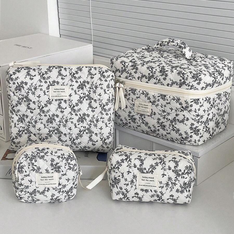 French Style Black & White Ditsy Floral Soft Fabric Zipper Makeup Bag, Minimalist Retro Toiletry Organizer Pouch For Home, Travel, Outdoor Use, Womentravel Essentials Vacation Summer Holiday Back To School School Stuff Bag For School Travel Bag For Women Makeup Bag For Travel - 黑與白 - 查看 1