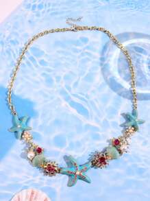 1pc Fashionable, Exquisite, Lively, Creative, Cute, Unique, Shiny Niche Bohemian Style Blue Starfish & Shell Necklace, For Women, Suitable For Summer Beach, Vacation, Daily, Party, Holiday