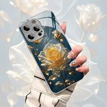 Golden Roses Glowing Ethereal Beauty Element Design-Silver Plated IPhone Case, Luxury Mirror Finish Tempered Glass Back Cover With Metal Frame - Slim Shockproof Protective Case For IPhone 15 Pro/14 Pro //IPhone[16/15/14/13/12/11 Pro Max] Series- Ideal Gift For Men & Women - 銀色 - 查看 1