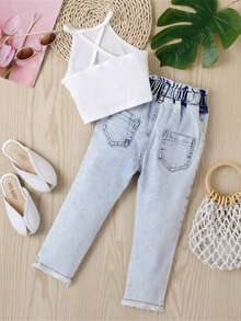 Traje de pantalón para niña, informal, tejido de calle, chaleco de verano, pantalones vaqueros largos con bolsillos - Blanco - Ver 2