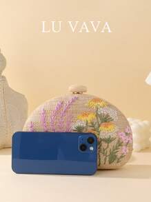 Bolso de mano de paja tejido a mano de LU VAVA con cadena dorada fija, bordado floral multicolor para boda en la playa, regalo para damas de honor bohemias, bolso para fiesta de picnic que cabe el teléfono