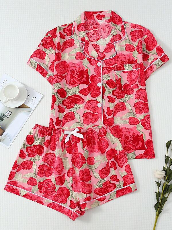 2pcs Set Comfortable Pink Rose Print Lapel Button Short Sleeve Top With Pocket And Bow Shorts Women Pajamas Loungewear Set, Suitable For Home Use, Spring/Summer