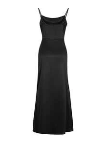 Vellofy Women's Solid Color Satin Midi Dress, Spaghetti Strap Cowl Neck Ruched High Slit Bodycon Dress, Suitable For Wedding Guest And Party - Matte Black - View 5
