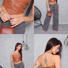 Strapless Corino Leather Cropped Top With Cups – Modern Style With A Sophisticated Touch - Rust Brown - View 3