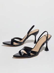 Women's Fashionable Pointed Toe High Heels, Glitter Mirrored Finish, Stiletto Heels, Ankle Strap Design, Elegant And Sexy For Parties, Outdoor Events, Suitable For Spring/Summer - Black - View 7