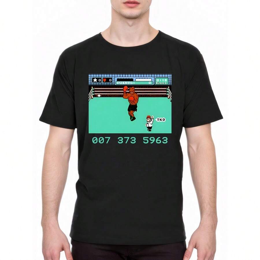 1pc Mike Tyson'S Punch-Out Retro Video Game Final Code T-Shirt, 100% Cotton, Casual Style, Crew Neck, Slight Stretch, All-Season Comfort, Ideal For Hiking, Training & Festive Occasions, Men's As Gift - Black - View 1