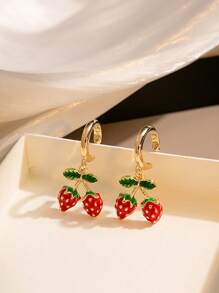 2 pares de aretes tipo botón con diseño de cereza y fresa, accesorios alegres - apropiados para uso diario y fiestas