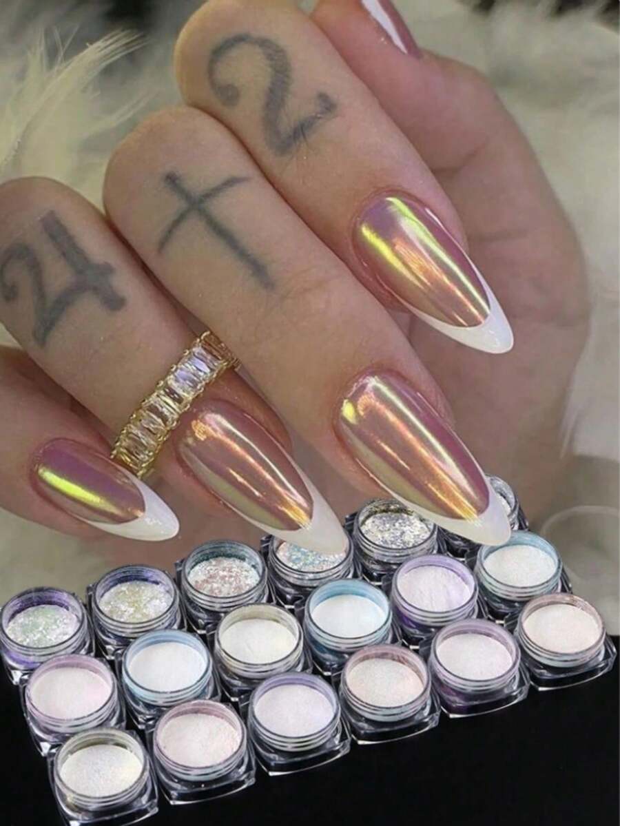 18件/套 铬粉效果美甲颜料，珠光粉颜料，适用于DIY汽车喷漆、化妆品、眼影、肥皂染料、白色交响粉、美人鱼颜料、美甲闪粉 - 彩色 - 查看 1