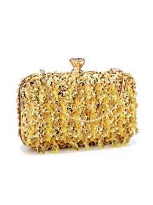 Retro Beaded Evening Clutch Bag, Removable Shoulder Strap, Solid Color Polyester Handbag With Buckle Closure And Decorative Box-Shaped Wallet, Suitable For Banquets And Parties