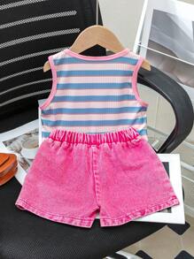 Set de 2 piezas con Top sin mangas de cuello redondo con rayas y flores + pantalones cortos de mezclilla de estilo sencillo para niña