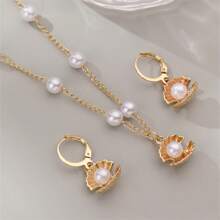 1pc Necklace & 1 Pair Earrings Fashion Elegant Simple Faux Pearl & Starfish Shell Design Jewelry Set, Suitable For Beach, Travel, Holiday, Summer Wear