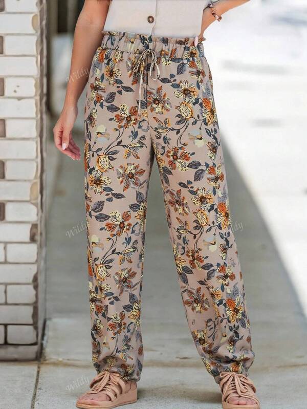 Wildy Talie înaltă cu șnur pentru femei, talie elastică cu imprimeu floral, pantaloni eleganți casual de vacanță, ținute de vacanță pentru femeie