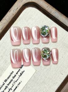 Handmade Nail Art Reusable Artificial Nails, French Dual-Color Glitter Rhinestone, Fashionable High-End, For Women, Comes With Nail Tools