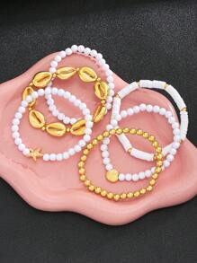 6pcs/Set Ocean Theme Metal Shell & Starfish Beaded Bracelet Set, Suitable For Women Beach Holiday Everyday Matching Jewelry, Birthday/Friendship Gift