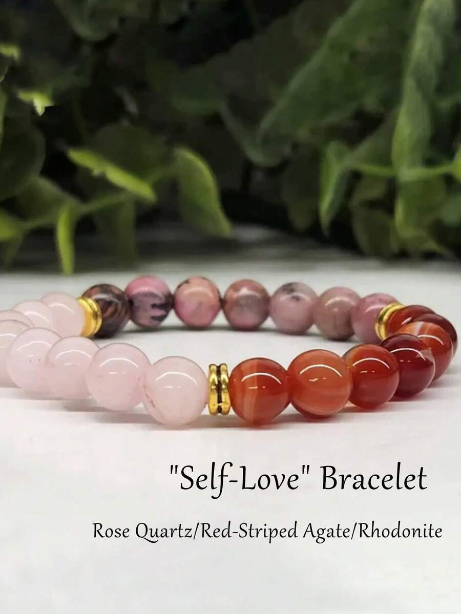 YAUKIA 自爱手链 - 玫瑰石英、带状红玉髓和蔷薇辉石水晶手链，无条件的爱、和谐、同情、幸运手链珠宝礼物