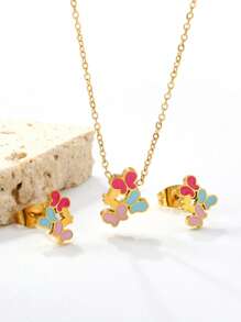 Set de collier et boucles d'oreilles en acier inoxydable pour femmes, avec gouttes de couleurs douces, poney mélangé et papillons. Bijoux personnalisés créatifs, cadeau idéal pour l'été