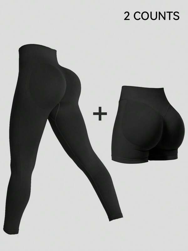 2pcs/Set Women Solid Color Versatile Seamless High Waist Tummy Control Outdoor Sports Leggings And Shorts