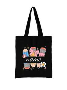 Pencil Print Polyester Custom Name Tote Bag - Casual Style, Lightweight, Open Closure, Fixed Shoulder Strap, Hand Washable, Daily Commute Bag With Printed Design, High-Capacity Travel Storage Bag