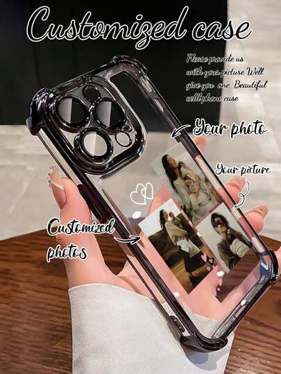 1pc Customized Personalized Family Portrait Phone Case With Multi-Photos, Heart Elements, High Definition UV Printing, Electroplated Four Corners Anti-Fall Black Lens Protection. Suitable Compatible With Apple 11/12/13/14/15/16/Pro Max, Galaxy A13/A14/A15/A53/A55/A54/A55, S23/S23 Ultra/S24 Ultra/S24, Great For Anniversaries, Holidays, Gifts And Daily Use