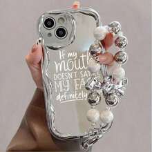 Funda para teléfono (1 unidad) con correa de mano creativa con letras y cadena de cuentas plateadas. Compatible con phone 16, 15, 14, 13, 12, 11, X, XS Max, Pro Plus. Ideal como regalo para familiares y amigos. - Plateado - Ver 2