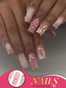24 件长方形粉色法式 3D 花朵水钻按压指甲，配果冻胶和指甲锉，优雅裸色渐变假指甲套装，手工花卉装饰，适合女士女孩派对日常美甲用品 - 粉色 - 查看 1