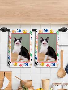 2pcs Modern Simple Animal Paw Print Framed Customized Photo Printing Towels, Multifunctional Home Towels Suitable For Birthday, Valentine's Day, Couples, Travel, Thanksgiving, Christmas, New Year, Halloween, Pets, Anniversary, All Season Home, Kitchen, Bathroom, Living Room, Bedroom - Multicolor - View 2