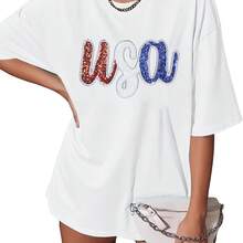 Oversized USA Shirt Wo An  T-Shirt 4th Of July Memorial Gift  USA Sequin Patriotic An Proud Tops  220G Heavyweight 100% Cotton Unisex T-Shirt.Spring & Summer & Fall Clothes For Women & Men. This Heavy-Duty Shirt Combines Luxury Softness With Solid Structure. The Thick, Breathable Fabric Resists Sinkage And Fading While Providing All-Day Comfort. I For Streetwear,Festival, Workwear, Or Casual Looks, This Is A Must-Have For Anyone Who Loves Durable, Stylish Basics. - 白色4 - 查看 1
