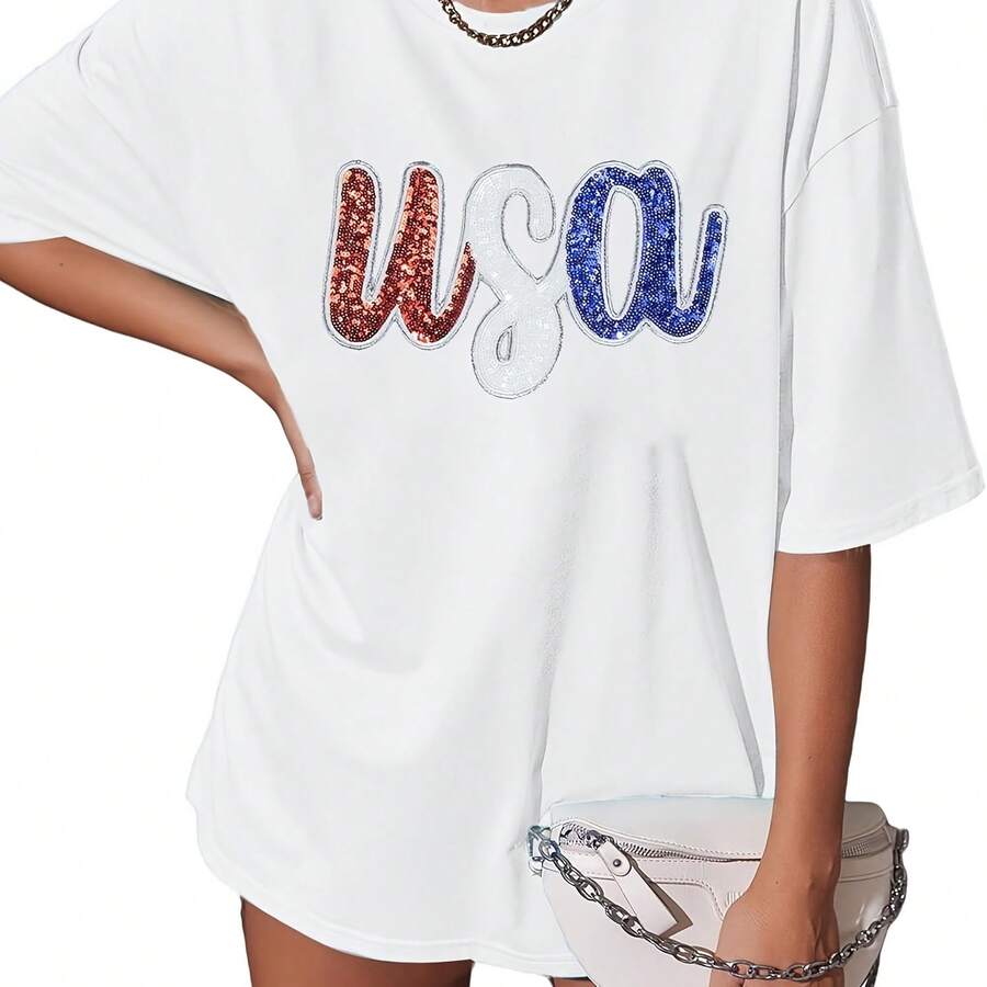 Oversized USA Shirt Wo An T-Shirt 4th Of July Memorial Gift USA Sequin Patriotic An Proud Tops 220G Heavyweight 100% Cotton Unisex T-Shirt.Spring & Summer & Fall Clothes For Women & Men. This Heavy-Duty Shirt Combines Luxury Softness With Solid Structure. The Thick, Breathable Fabric Resists Sinkage And Fading While Providing All-Day Comfort. I For Streetwear,Festival, Workwear, Or Casual Looks, This Is A Must-Have For Anyone Who Loves Durable, Stylish Basics. - 白色4 - 查看 1