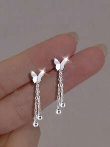 1 Pair S925 Sterling Silver Minimalist Sweet Butterfly Tassel Stud Earrings, Unique Design Gift, Versatile For Everyday Wear