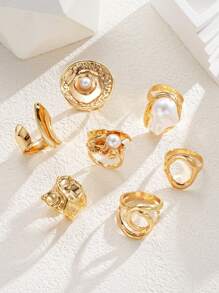 12/7/6/3pcs Set Oversized Textured Floral, Faux Pearl, Asymmetrical Shape, Minimalist Smooth Solid, Colorful Faux Gem, Heart Metal Chunky Rings, Fashion Elegant Vintage Chic Cute Retro Design, Suitable For Holiday, Party, Date, Gift, Daily Wear