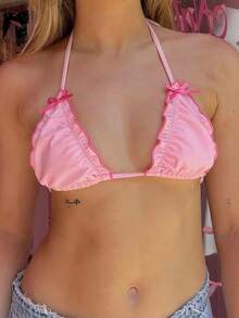 Alyweatry Women Y2K Bikinis Sets Coquette Aesthetic Bows Halter Tie Up Bikini Top High Cut Elastic Waist Bikini Bottom - 粉色 - 查看 4