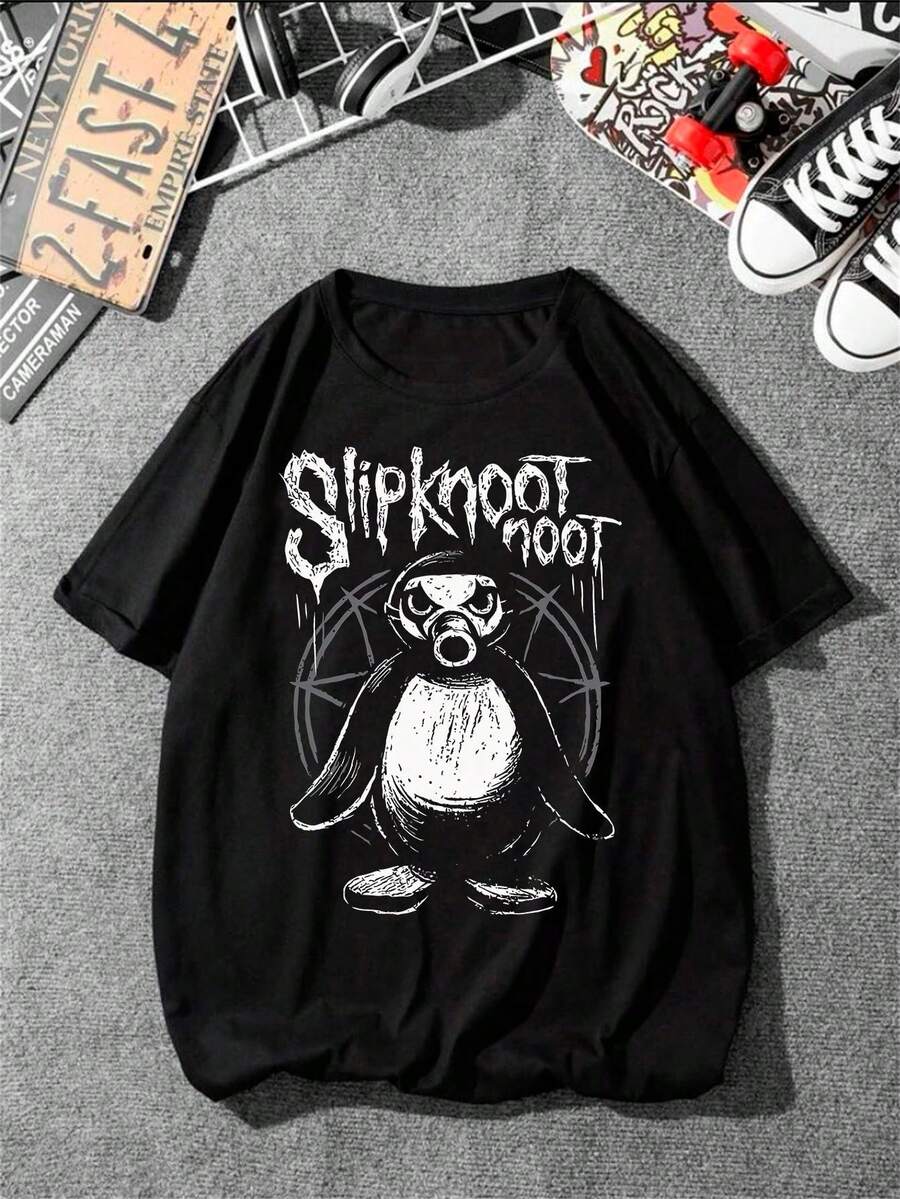 Slipknoo7 Penguin Basic T-Shirt Rock And Roll Music Band Shirt Unisex 100% Cotton Plus Size - Immediate Shipping! - 黑色 - 查看 1