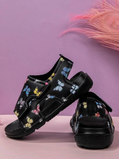 1 par de sandalias planas, suaves y antideslizantes, cómodas, de moda, casuales, ligeras y con diseño de mariposa colorido para niñas pequeñas en primavera/verano