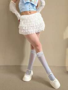 1 Pair Fashionable Girl Delicate Floral Jacquard Mid-Calf Socks With Lace Trim, Y2k, Cozy - Multicolor - View 2