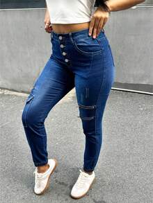 Women High-Waisted Casual Single-Breasted Slim-Fit Jeans Side Pocket Zippers Trim Denim Cuffed Pants Dark Blue - 深色水洗藍 - 查看 2