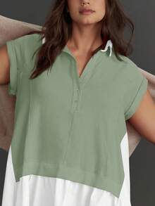 Womens Summer Sweatshirt Dresses Short Sleeve V Neck Casual Oversized Patchwork Mini Dress - màu xanh lá - Xem 3