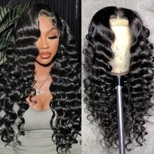 Peluca rizada de cabello humano con frente de encaje transparente HD de 34 pulgadas de 200 de densidad, onda profunda suelta, para mujeres, con línea de cabello natural y área de encaje HD suizo resistente al calor, atada a mano