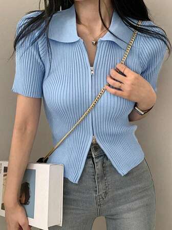 2025 Spring/Summer Casual Solid Color Short Sleeve Dual Zipper Cardigan