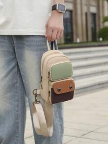 新款男士胸包，带多个口袋，撞色斜挎包，多功能休闲运动单肩包，骑行包，多层小布艺斜挎包 - 卡其色 - 查看 6