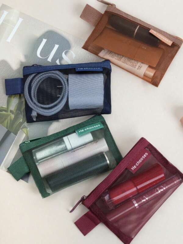 4pcs Burgundy Red Mini Lipstick Bag, Square Mesh Small Storage Bag, Portable Transparent Bag With Zipper, Multifunctional Makeup Pouch, Make Up Organizer, Keeps Pockets Clean And Tidy, Charger, USB Storage Bag, Suitable For Student Dormitories, Outings, And Travel Bathroom Accessories Back To School