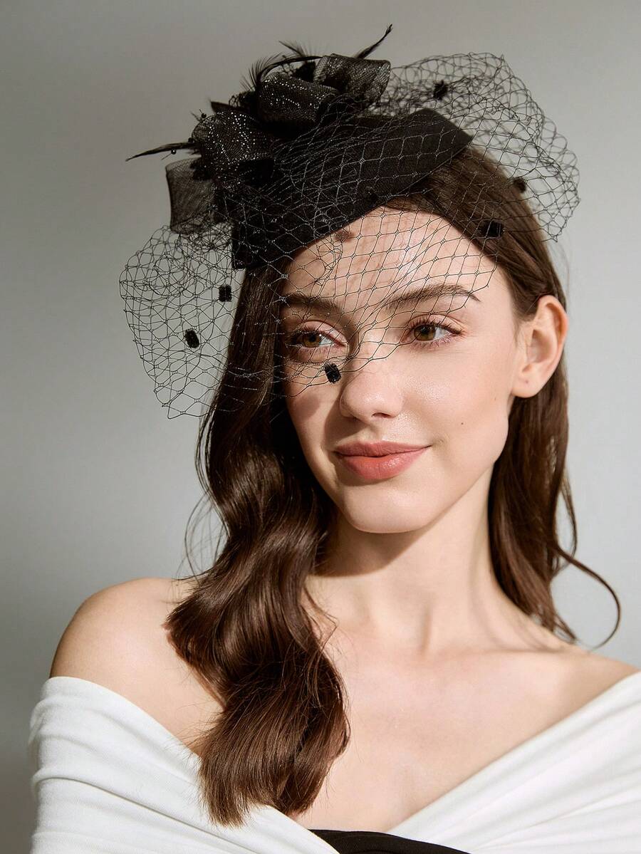 1pc Fascinators Hat Tea Party Hat Mesh Floral Feather Hair Clip Women Fascinator With Veil For Wedding Cocktail Witch Winter Gifts - Multicolor - View 1
