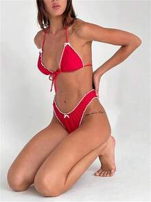 Alyweatry Women Y2K Bikinis Sets Coquette Aesthetic Bows Halter Tie Up Bikini Top High Cut Elastic Waist Bikini Bottom - 紅色 - 查看 5
