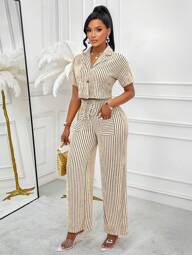 Amarilo Women's Summer Casual Striped Shirt And Pants 2 Pieces Set, Random Floral Pattern